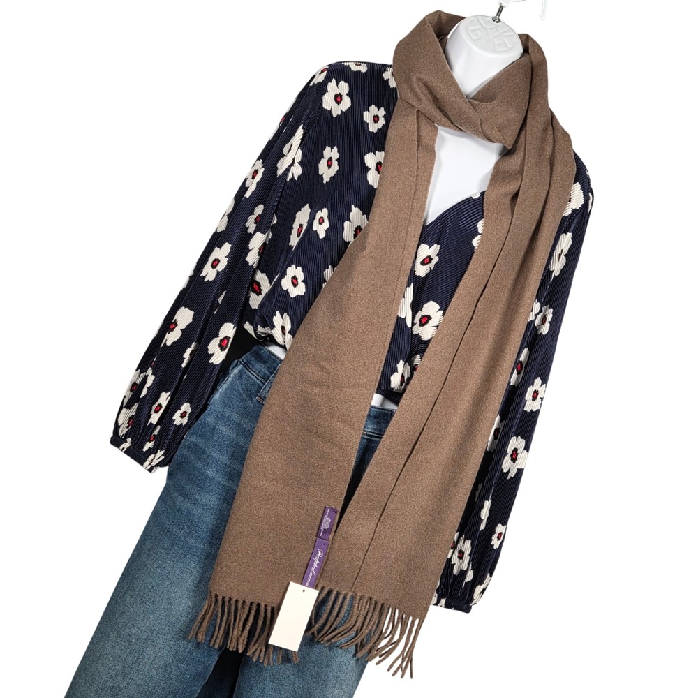 Ralph Lauren Purple Label NEW Skinny Muffler Scarf Taupe 100% Cashmere Fringe